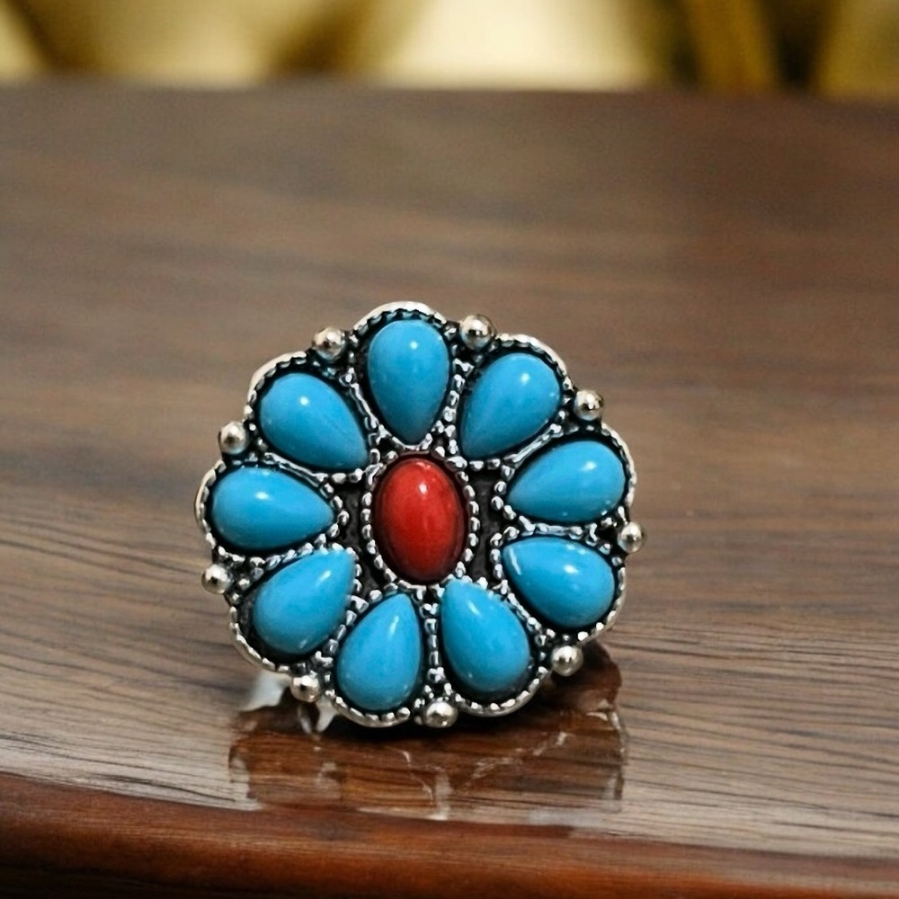 Handcrafted Silver Turquoise & Coral Statement Ring